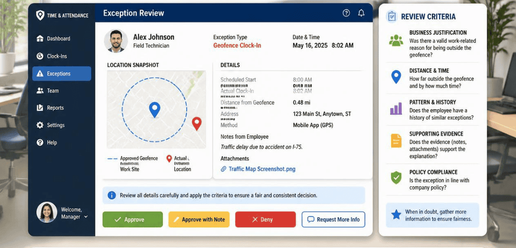 Building a Fair Geofence Clock-In Exception Review Workflow